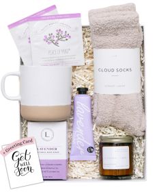 Lavender Spa Gift Set Relaxation Gifts For Women Get Well Soon Gift Basket with Scented Candle Bath Bomb Soap ( Get Well Soon  Greeting Card Classic L