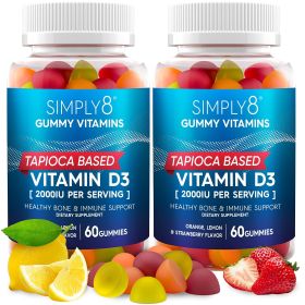 Vitamin D3 2000 IU Supports Immunity Bone Joint Health 2 Mo.Supply Tapioca Based for Kids and Adults Gelatin Free Chewable Gummies Vegetarian Kosher H